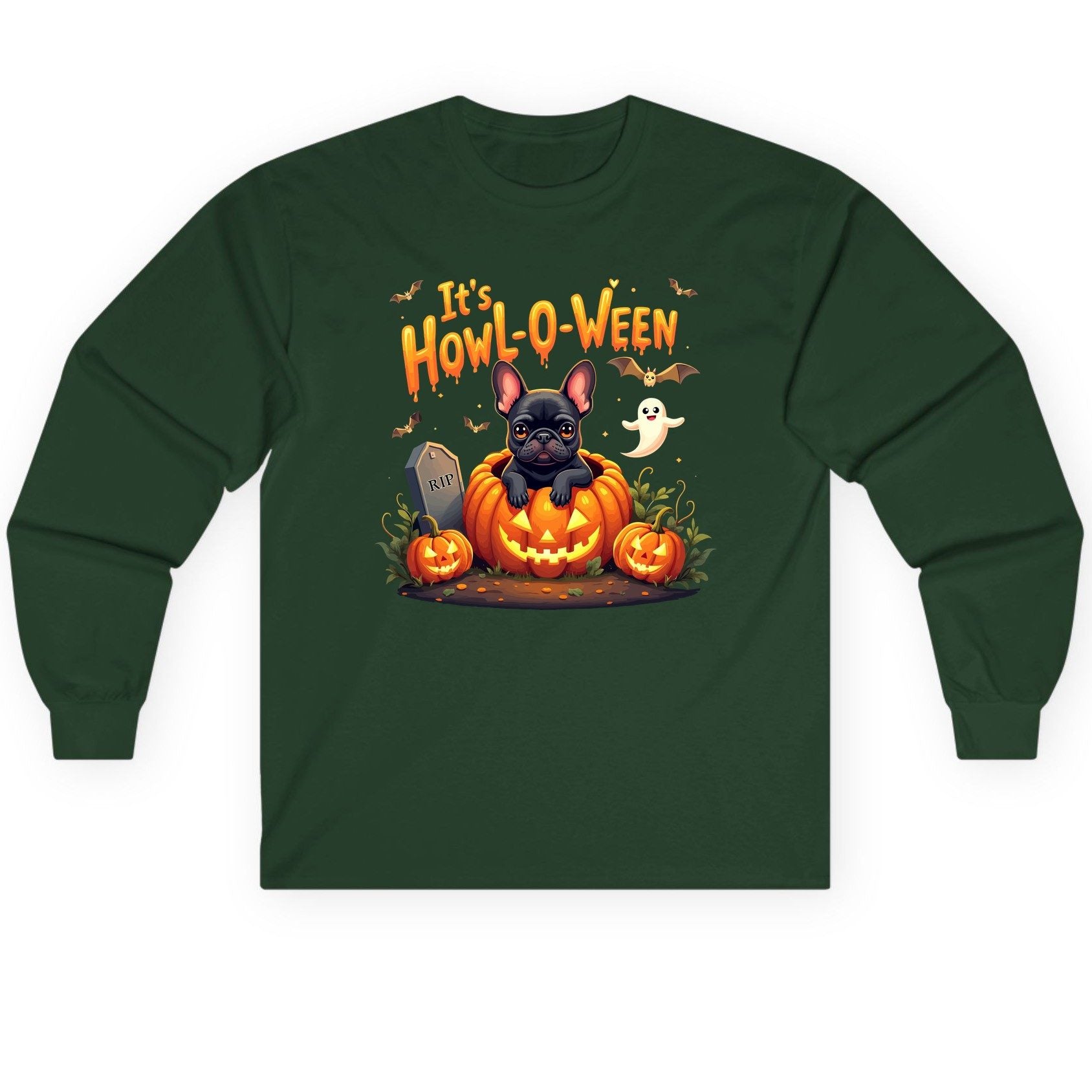 It's Howl-O-Ween french bulldog Long Sleeve Tee Forest Green product mockup
