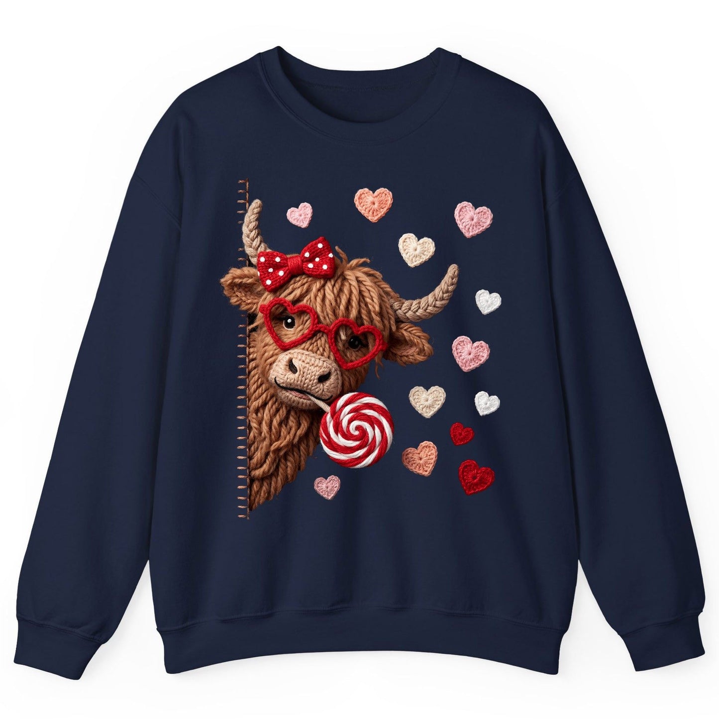 Crochet Valentine's Highland Cow highland cow Sweatshirt Navy product mockup