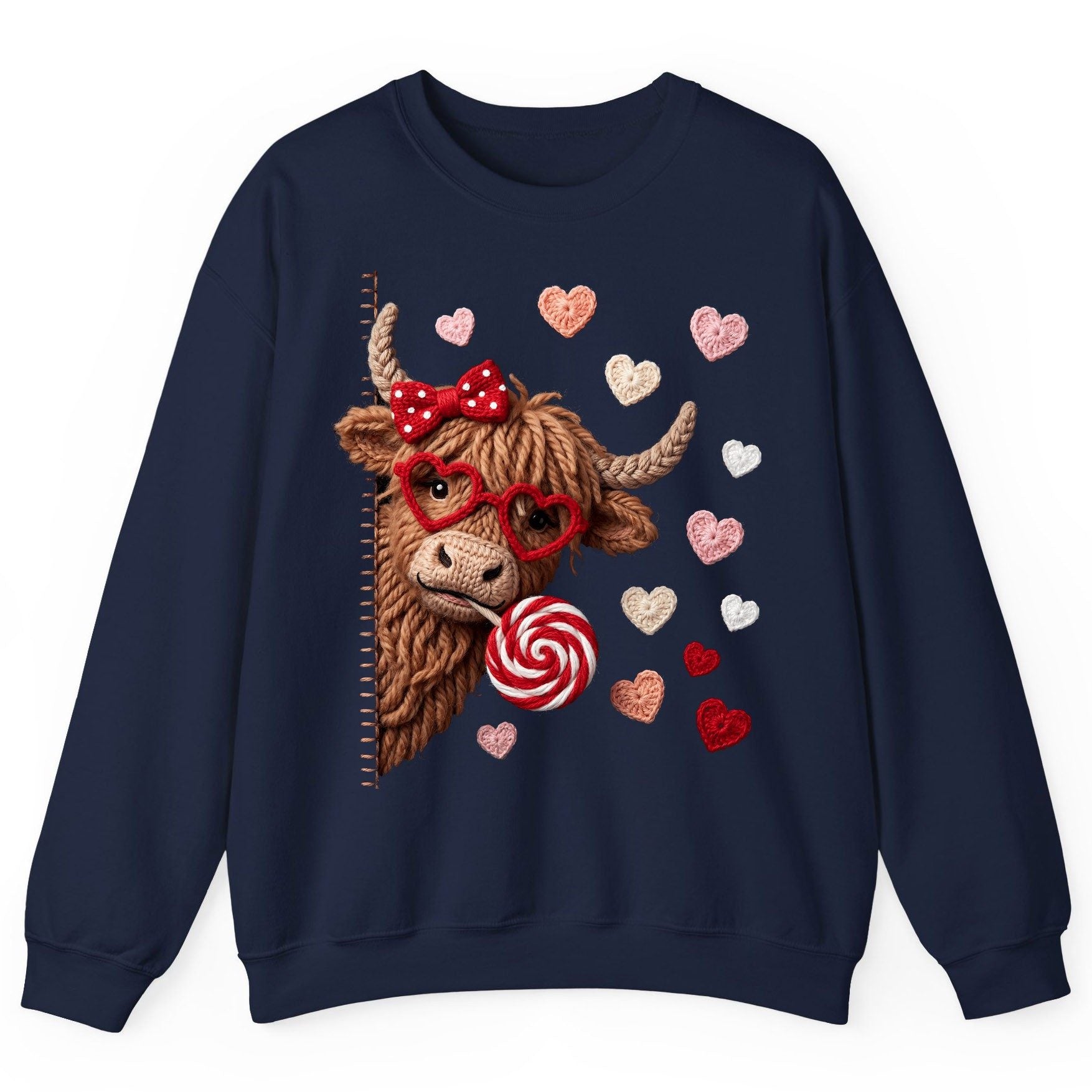 Crochet Valentine's Highland Cow highland cow Sweatshirt Navy product mockup