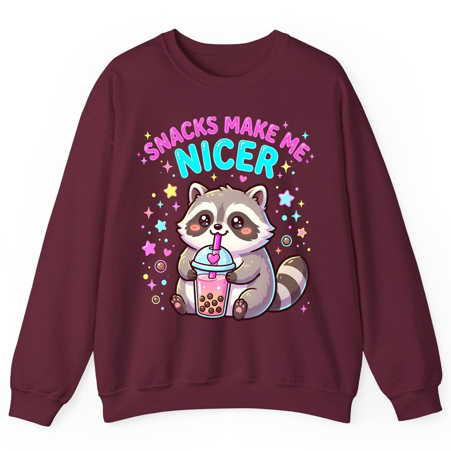 SNACKS MAKE ME NICER Funny Raccoon Sweatshirt - product mockup - Maroon
