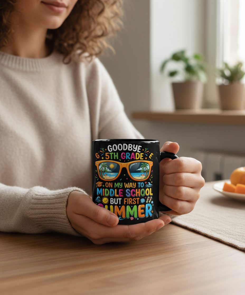 Goodbye 5th Grade on My Way to Middle School but First Black Mug - lifestyle model mockup - Black