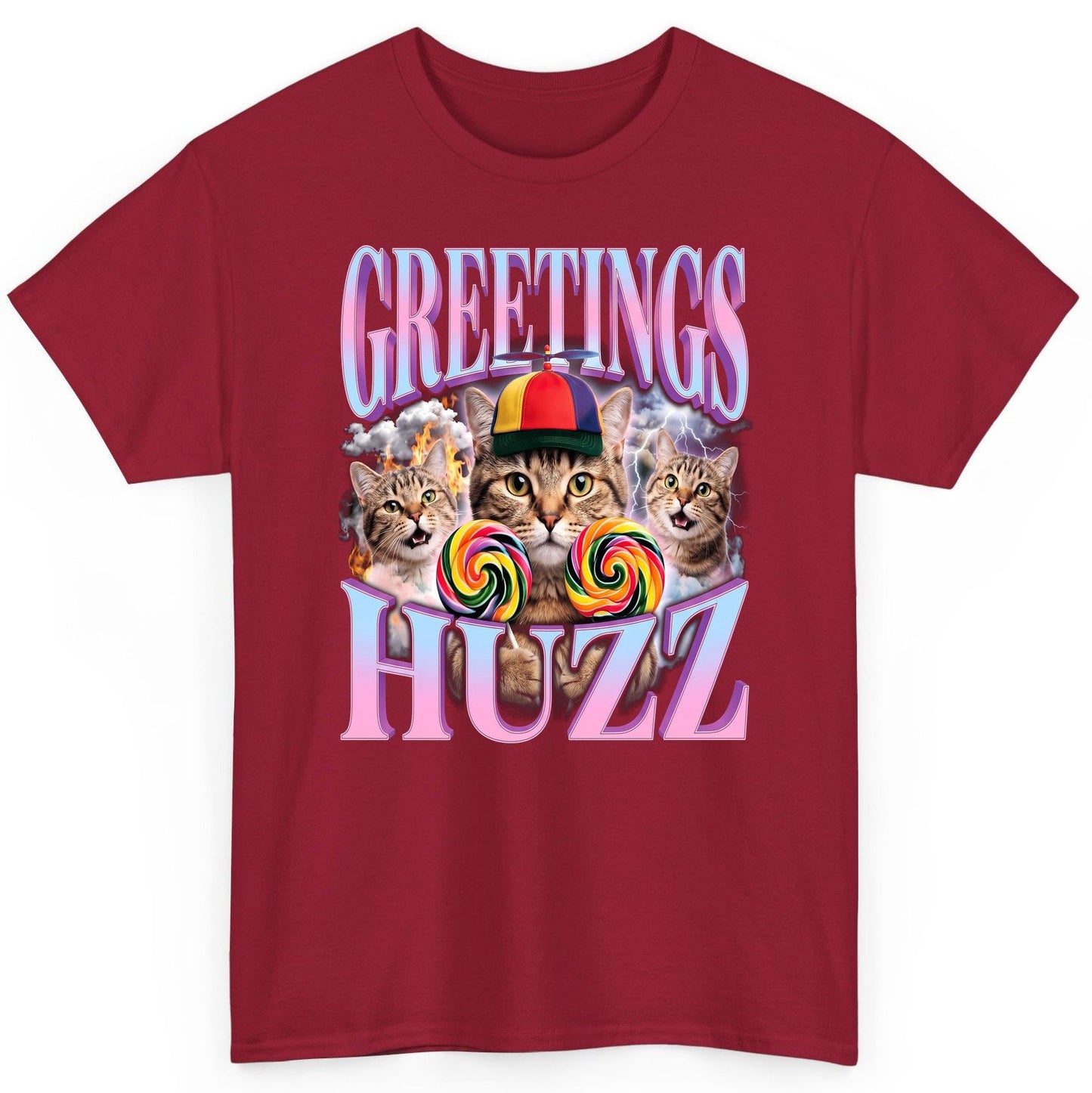 Greetings Huzz Funny Cats T-Shirt - product mockup - Cardinal Red