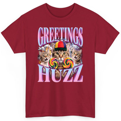 Greetings Huzz Funny Cats T-Shirt - product mockup - Cardinal Red
