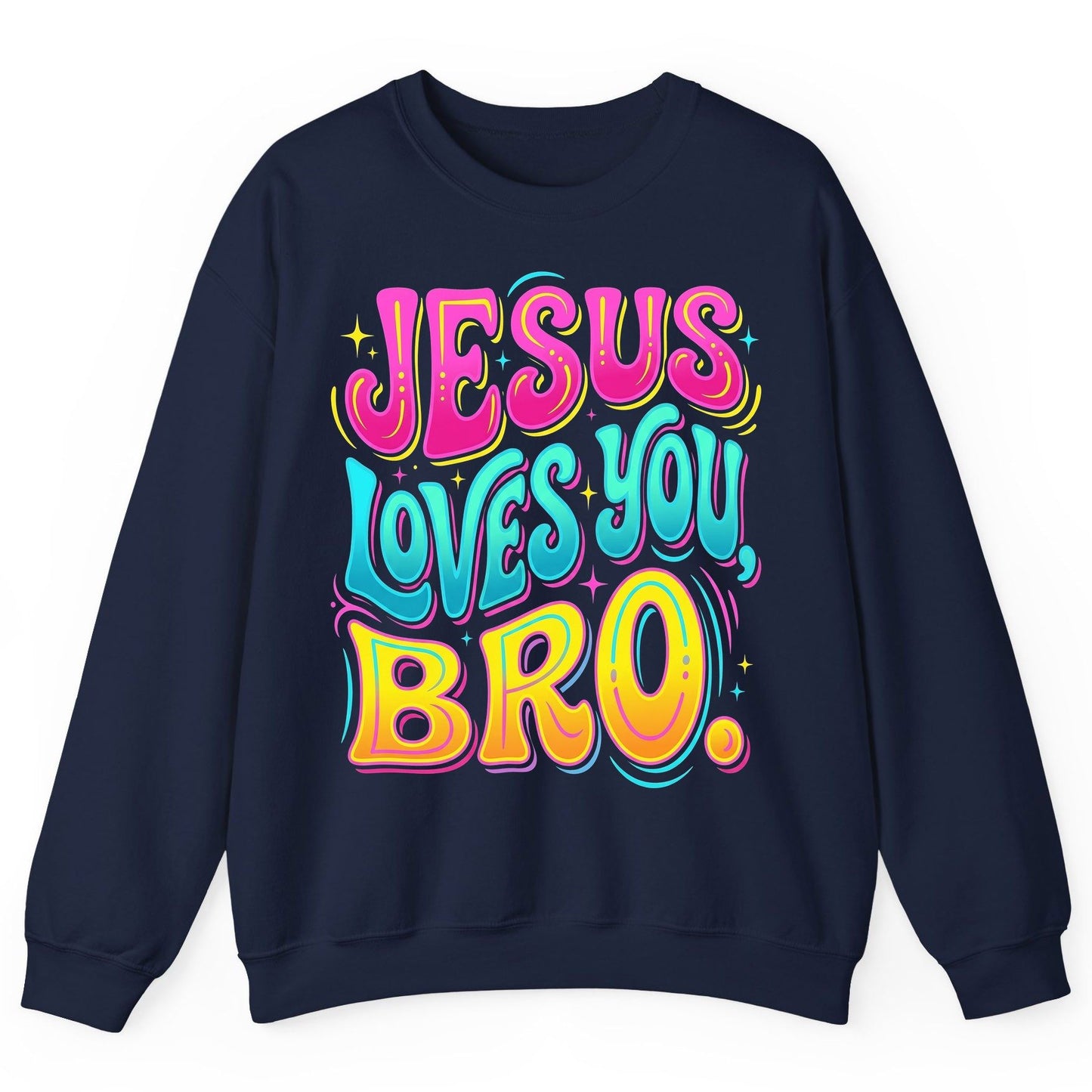 JESUS LOVES YOU BRO Retro Christian Sweatshirt - product mockup - Navy