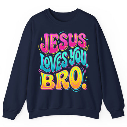 JESUS LOVES YOU BRO Retro Christian Sweatshirt - product mockup - Navy