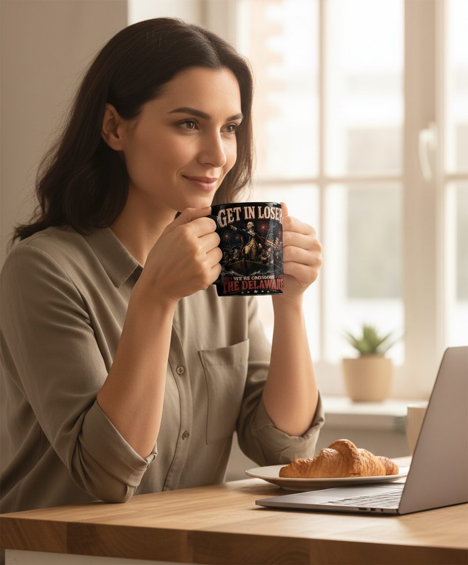 GET IN LOSER WE'RE Crossing THE Delaware Black Mug - lifestyle model mockup - Black