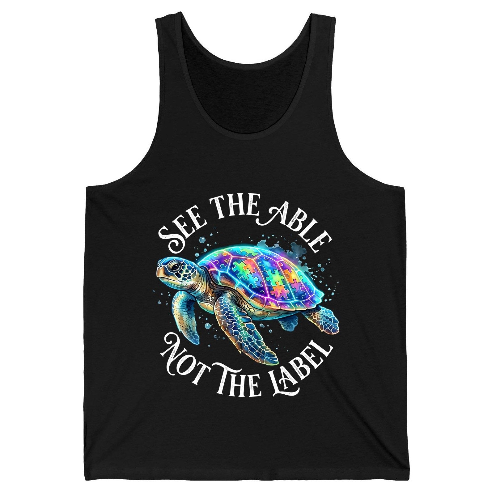 See the Able Not the Label Autism Awareness Tank Top - product mockup - Black