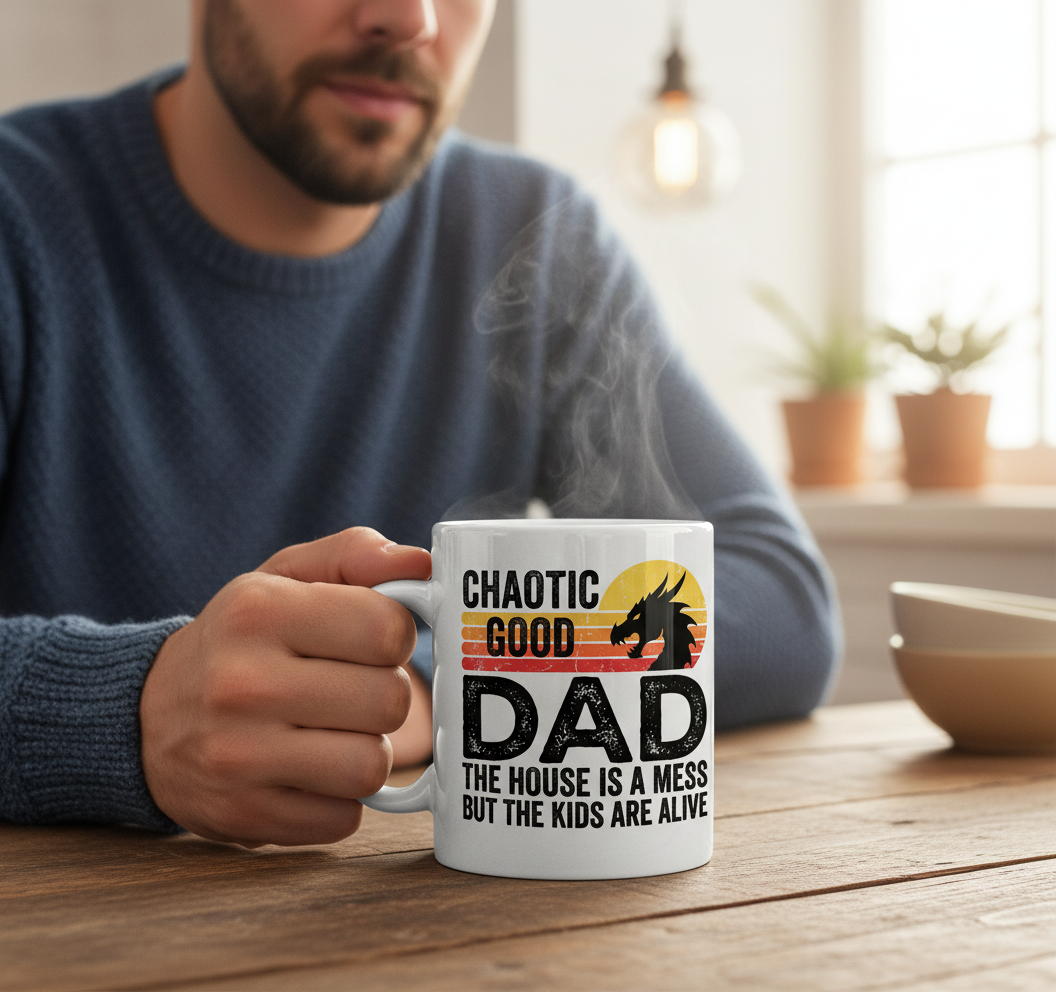 CHAOTIC GOOD DAD THE HOUSE IS A MESS BUT THE KIDS ARE ALIVE Funny Chaotic Good Dad Dragon White Mug - lifestyle model mockup - White