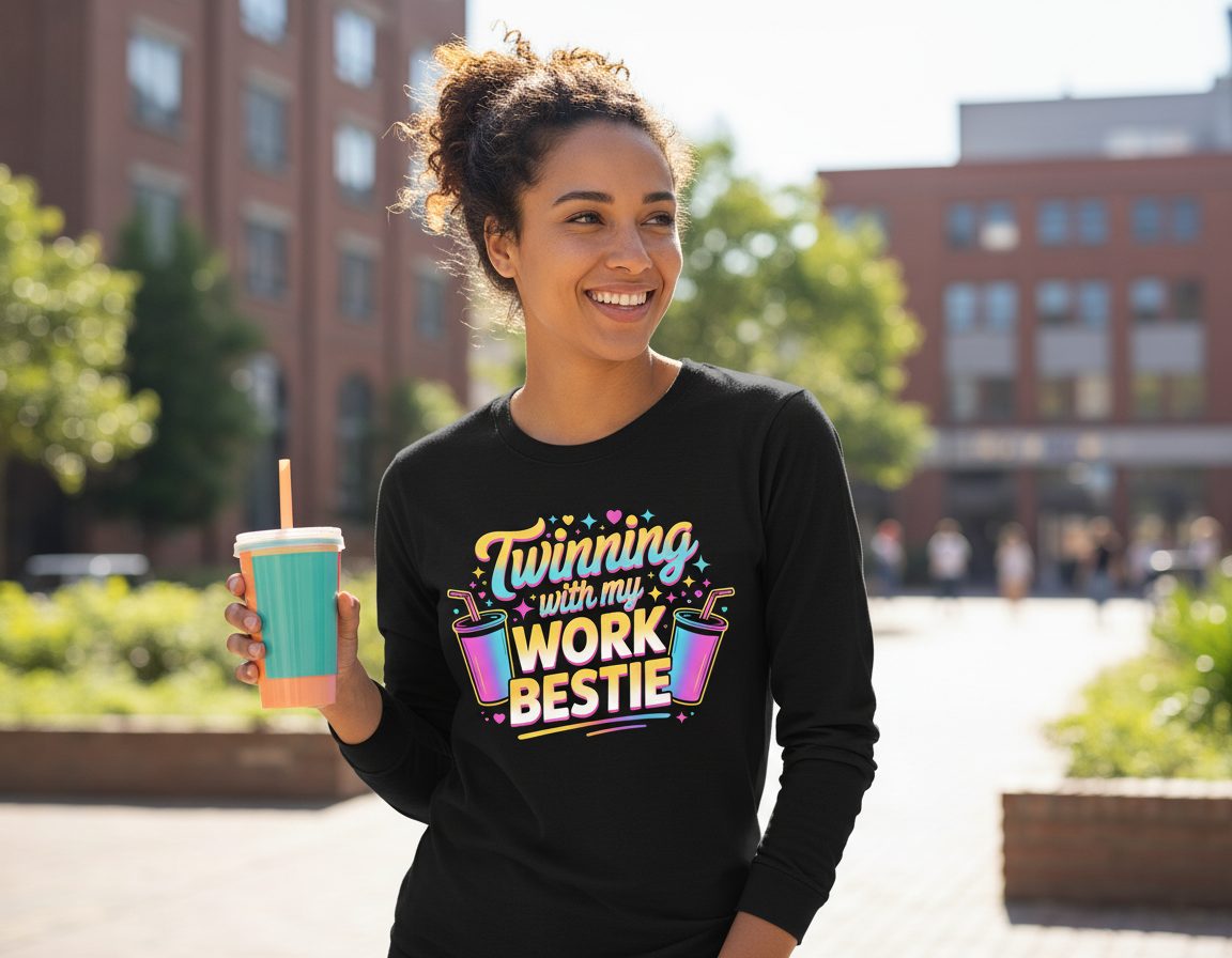 Twinning with My Work Bestie work friendship Long Sleeve Tee Black lifestyle mockup