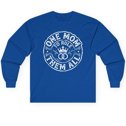 One Mom to Rule Them All Funny Moms Long Sleeve Tee - product mockup - Royal
