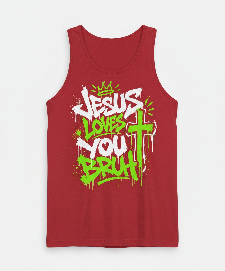 Jesus Loves You Bruh Christian Tank Top - product mockup - Red