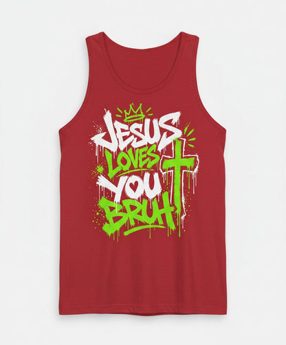 Jesus Loves You Bruh Christian Tank Top - product mockup - Red