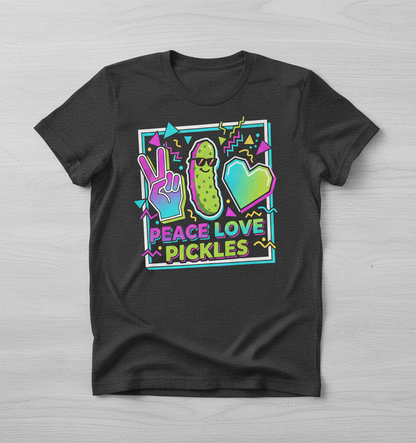 Peace Love Pickles Retro 80s 90s Style Design T-Shirt - Dark Heather