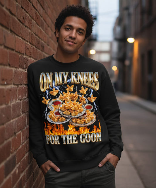 On My Knees for the Goon crab rangoon Sweatshirt Black lifestyle mockup