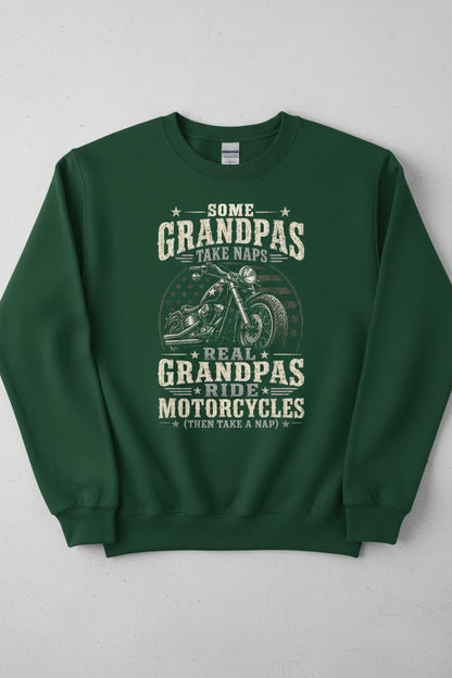 Some Grandpas Take Naps Real Grandpas Ride Motorcycles (then Take a Nap) Funny Detailed Illustration of Classic Motorcycle with Distressed Texture in the Background Is Subtle Weathered American Flag Pattern Stars and Stripes Sweatshirt - product mockup - Forest Green