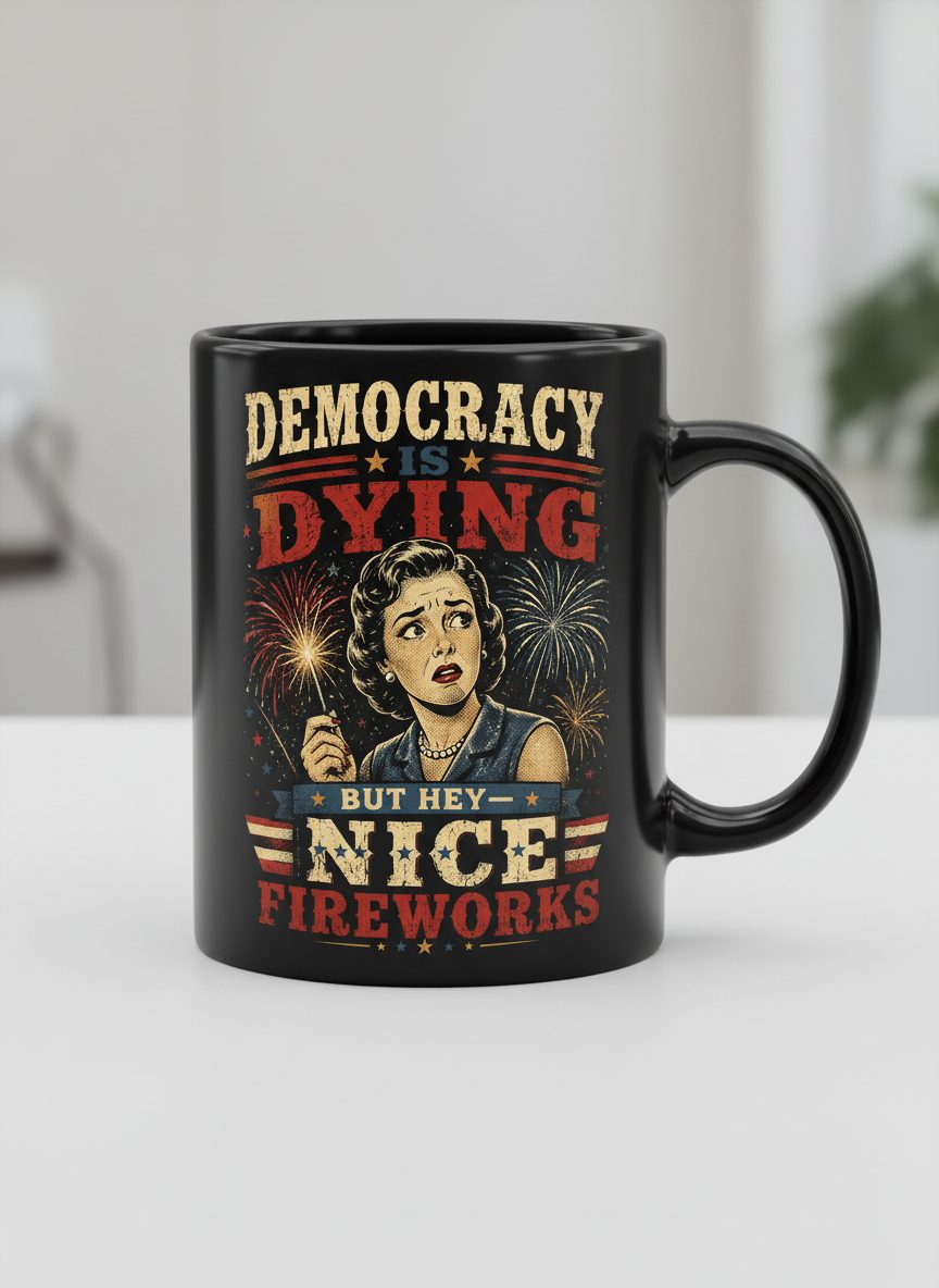 Democracy Is Dying but Hey Nice Fireworks Black Mug - product mockup - Black