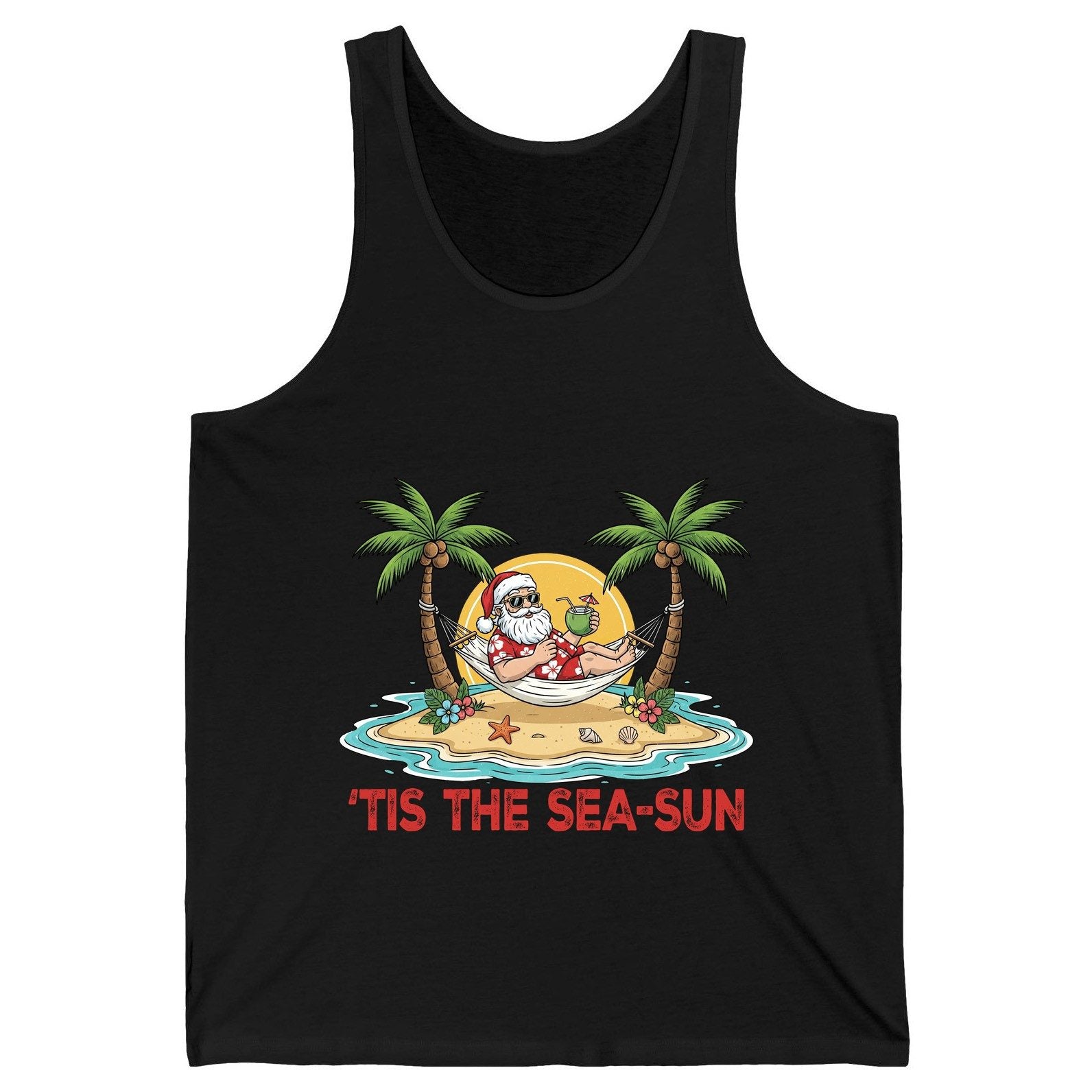 'Tis the Sea-Sun santa claus on a tropical vacation Tank Top Black product mockup