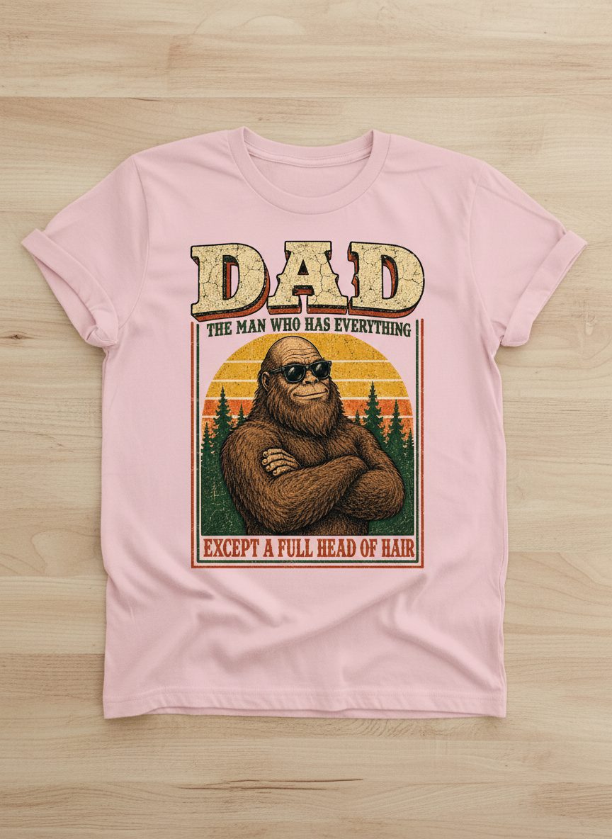 Dad the Man Who Has Everything Except a Full Head of Hair Funny Bigfoot T-Shirt - product mockup - Light Pink