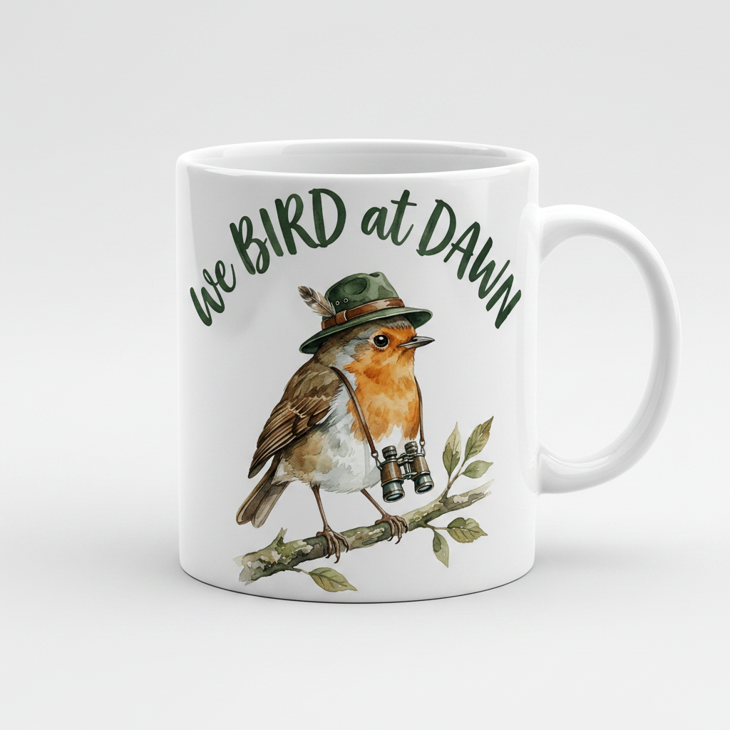 Watercolor Robin Birdwatcher with Hat and Binoculars White Mug - product mockup - White