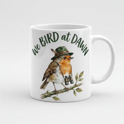 Watercolor Robin Birdwatcher with Hat and Binoculars White Mug - product mockup - White