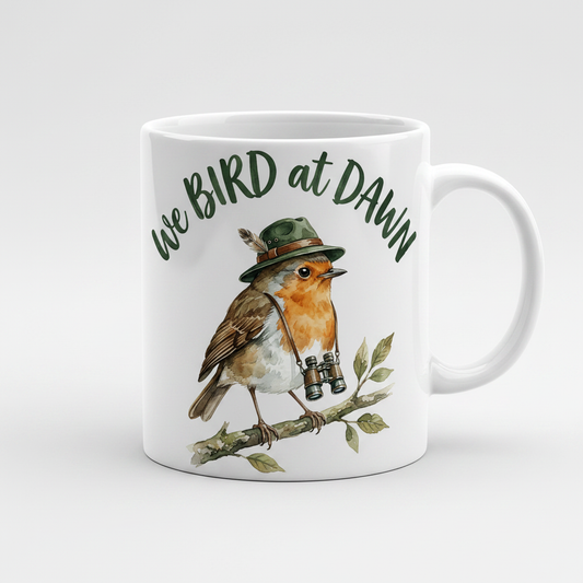Watercolor Robin Birdwatcher with Hat and Binoculars White Mug - product mockup - White