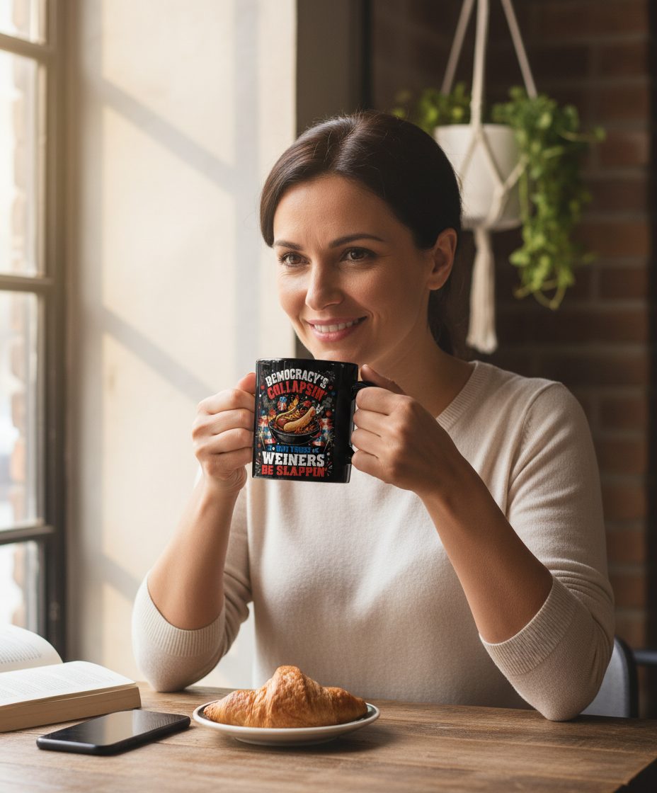 Democracy's Collapsin' but These Weiners Be Slappin' Black Mug - lifestyle model mockup - Black