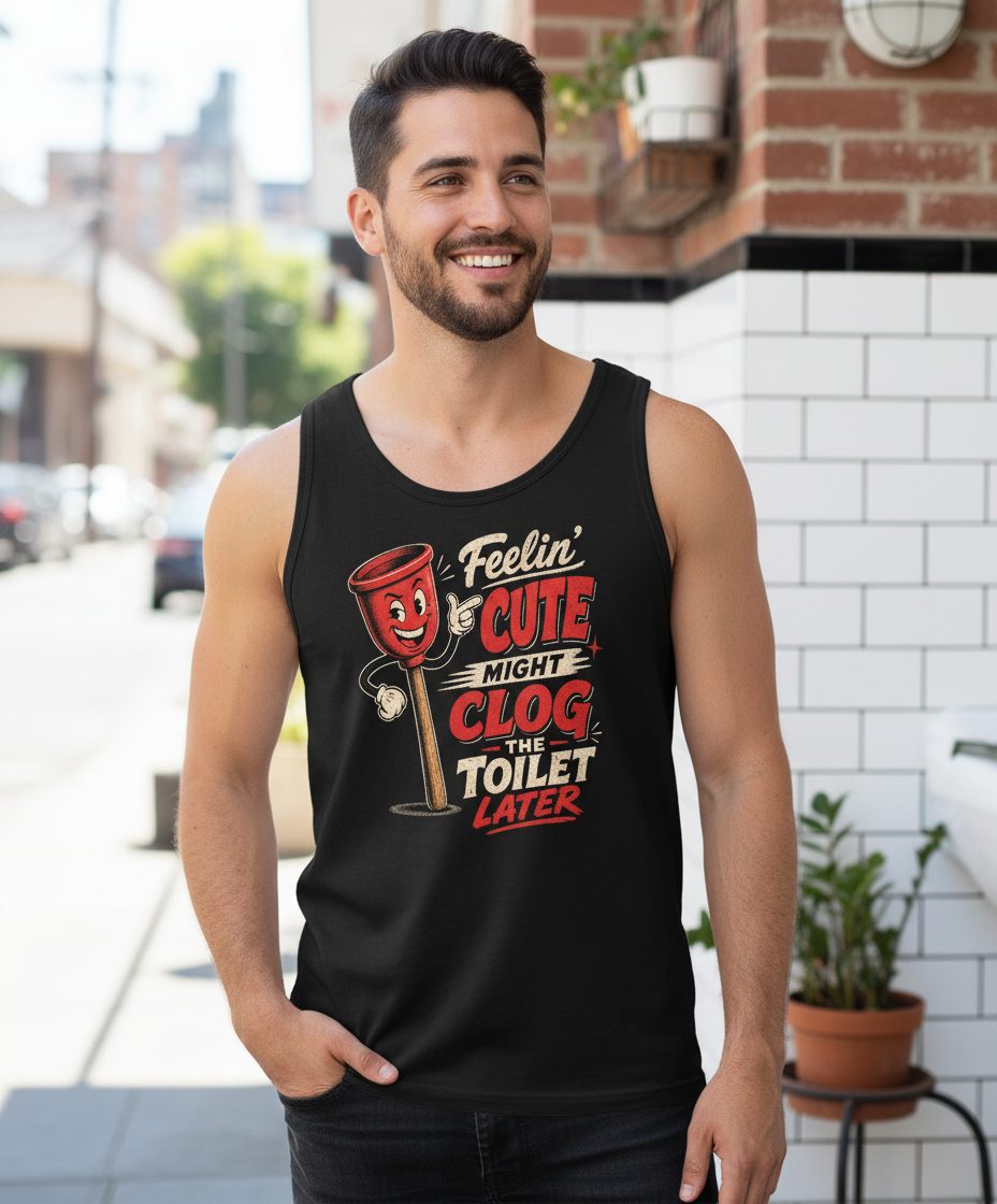 Feelin' Cute Might Clog the Toilet Later Funny Plunger Tank Top - lifestyle model mockup - Black