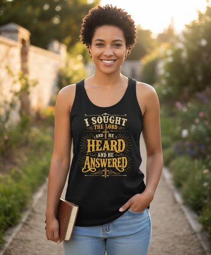 I Sought the Lord and He Heard and He Answered Tank Top - lifestyle model mockup - Black