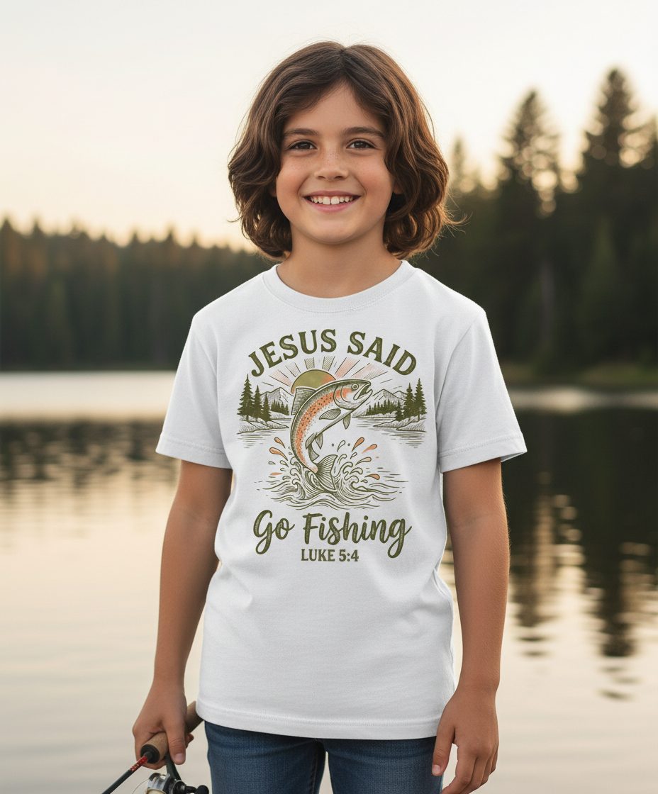 JESUS SAID Go Fishing LUKE 5 4 Vintage Christian Youth T-Shirt - lifestyle model mockup - White