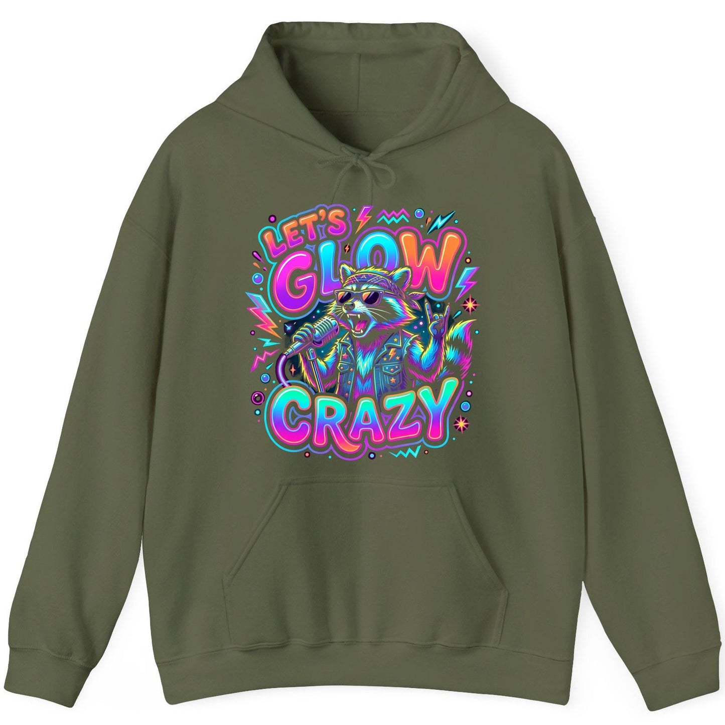 Let's Glow Crazy Funny Rockstar Raccoon Hoodie - product mockup - Military Green