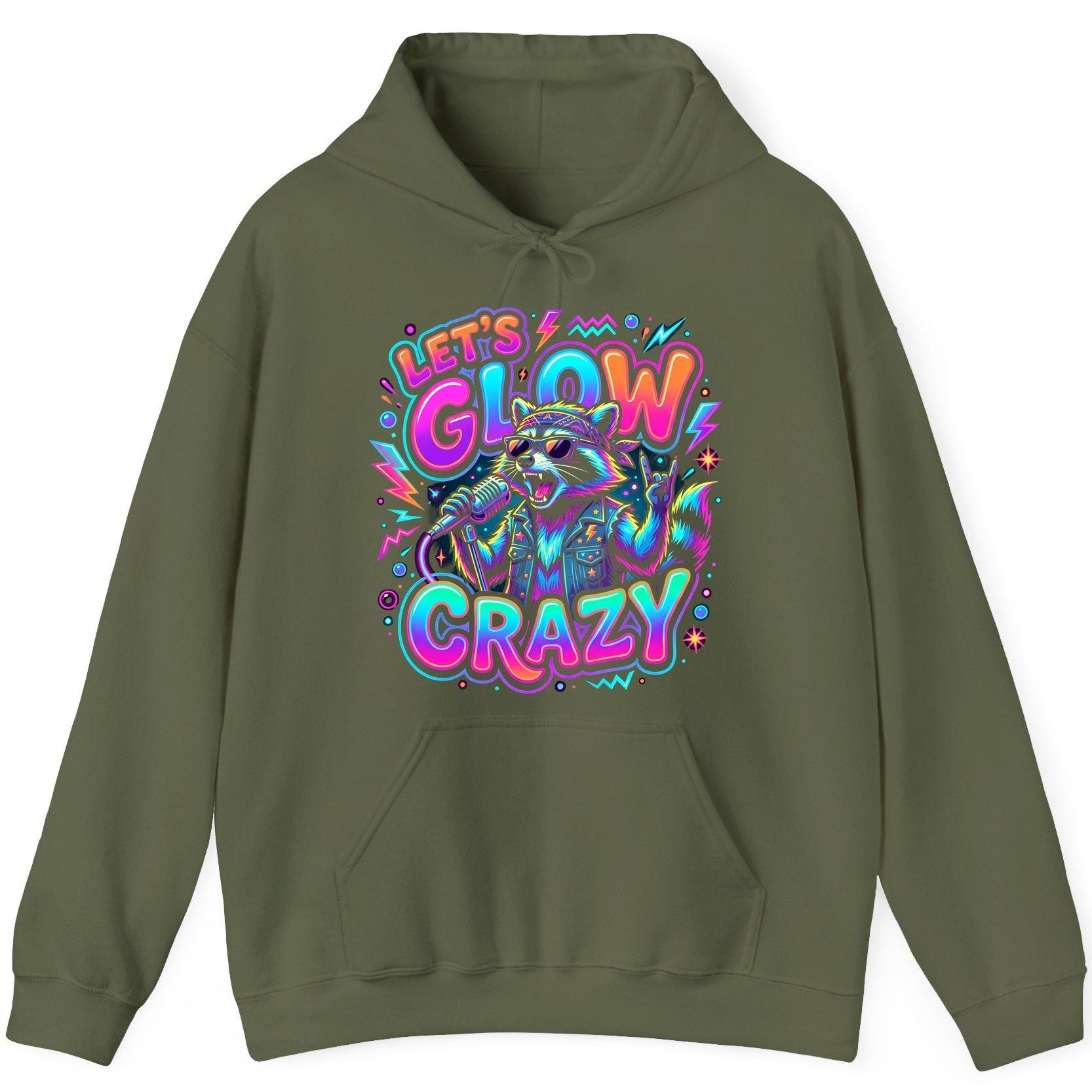 Let's Glow Crazy Funny Rockstar Raccoon Hoodie - product mockup - Military Green
