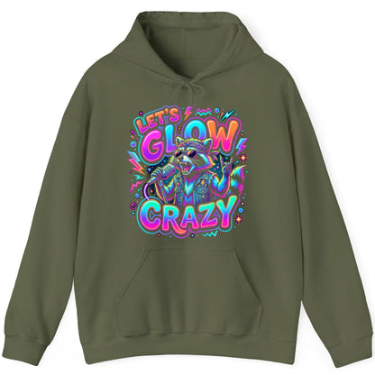 Let's Glow Crazy Funny Rockstar Raccoon Hoodie - product mockup - Military Green