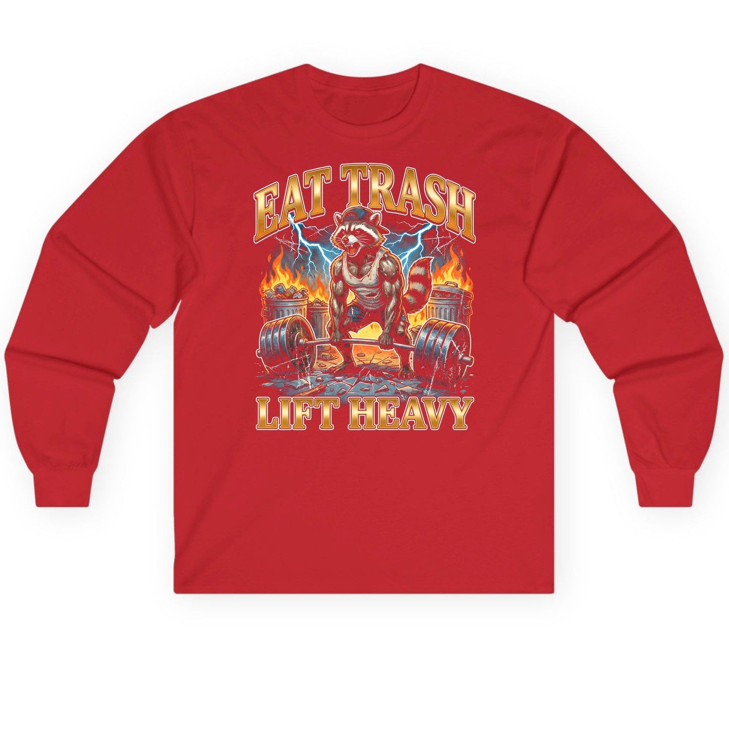Eat Trash Lift Heavy raccoon Long Sleeve Tee Red product mockup