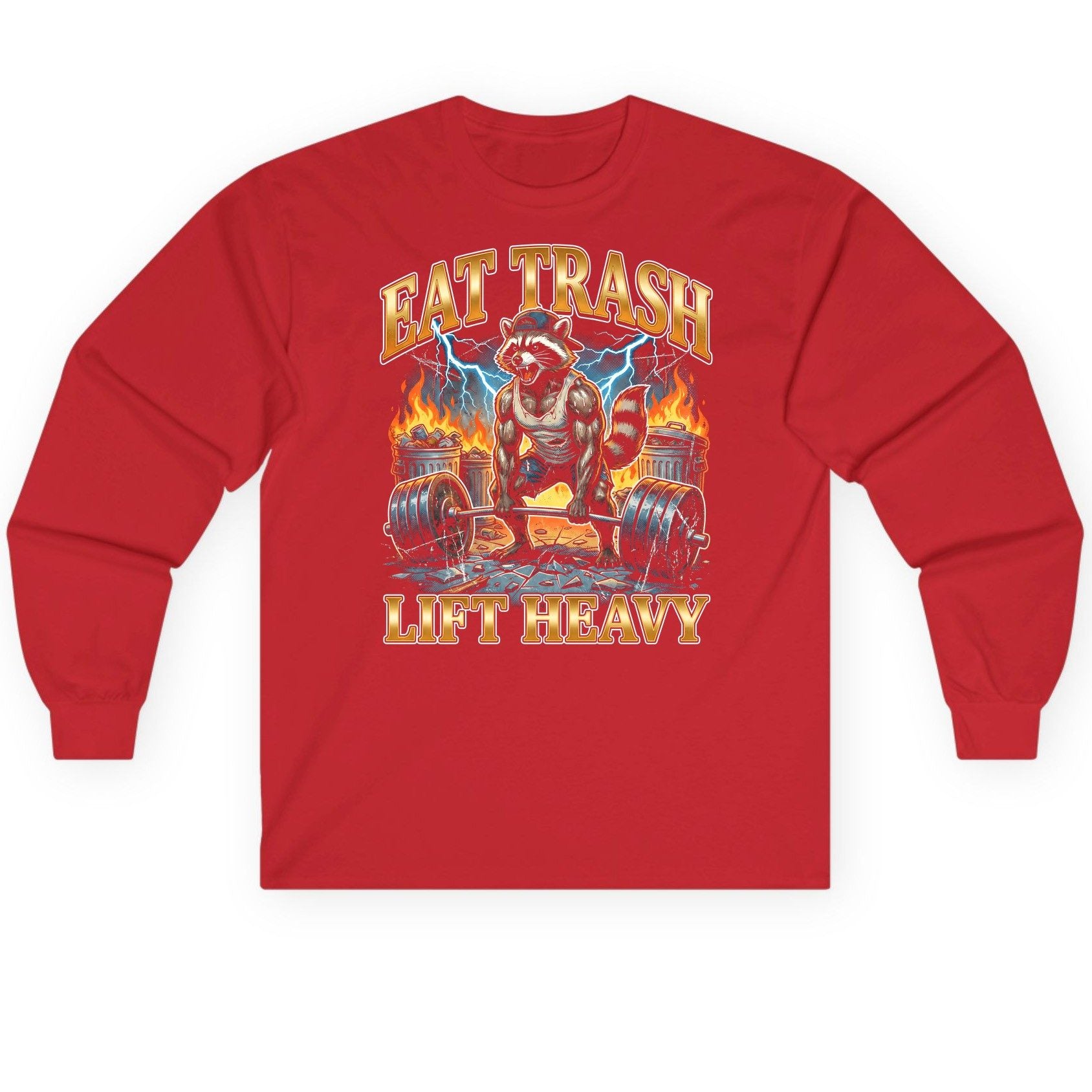 Eat Trash Lift Heavy raccoon Long Sleeve Tee Red product mockup