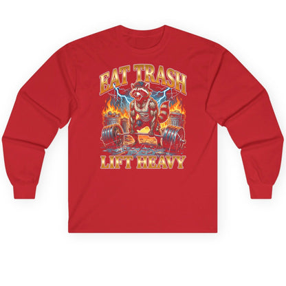 Eat Trash Lift Heavy raccoon Long Sleeve Tee Red product mockup