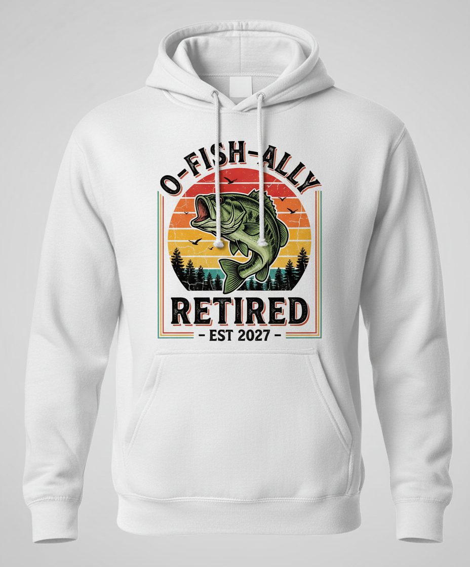 O-Fish-Ally Retired EST 2027 Funny Fishing Hoodie - product mockup - White