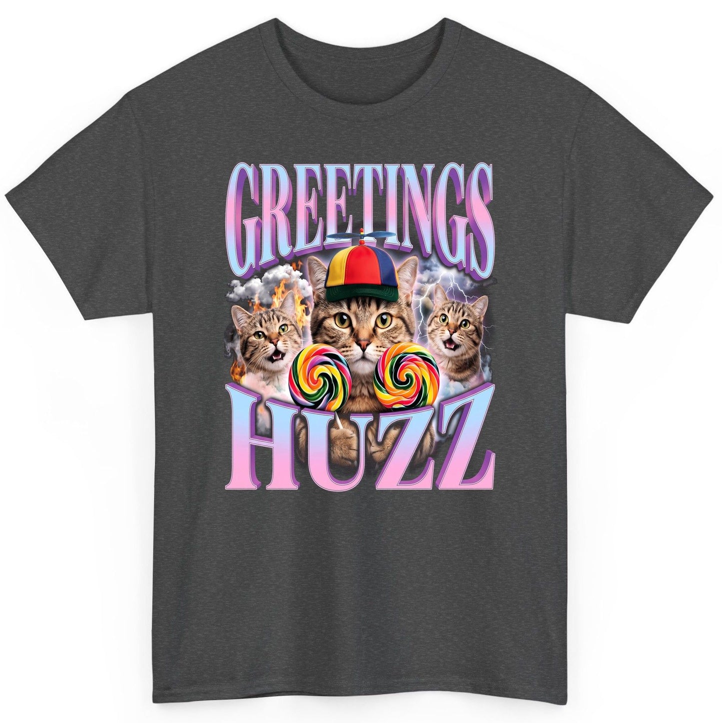Greetings Huzz Funny Cats T-Shirt - product mockup - Dark Heather