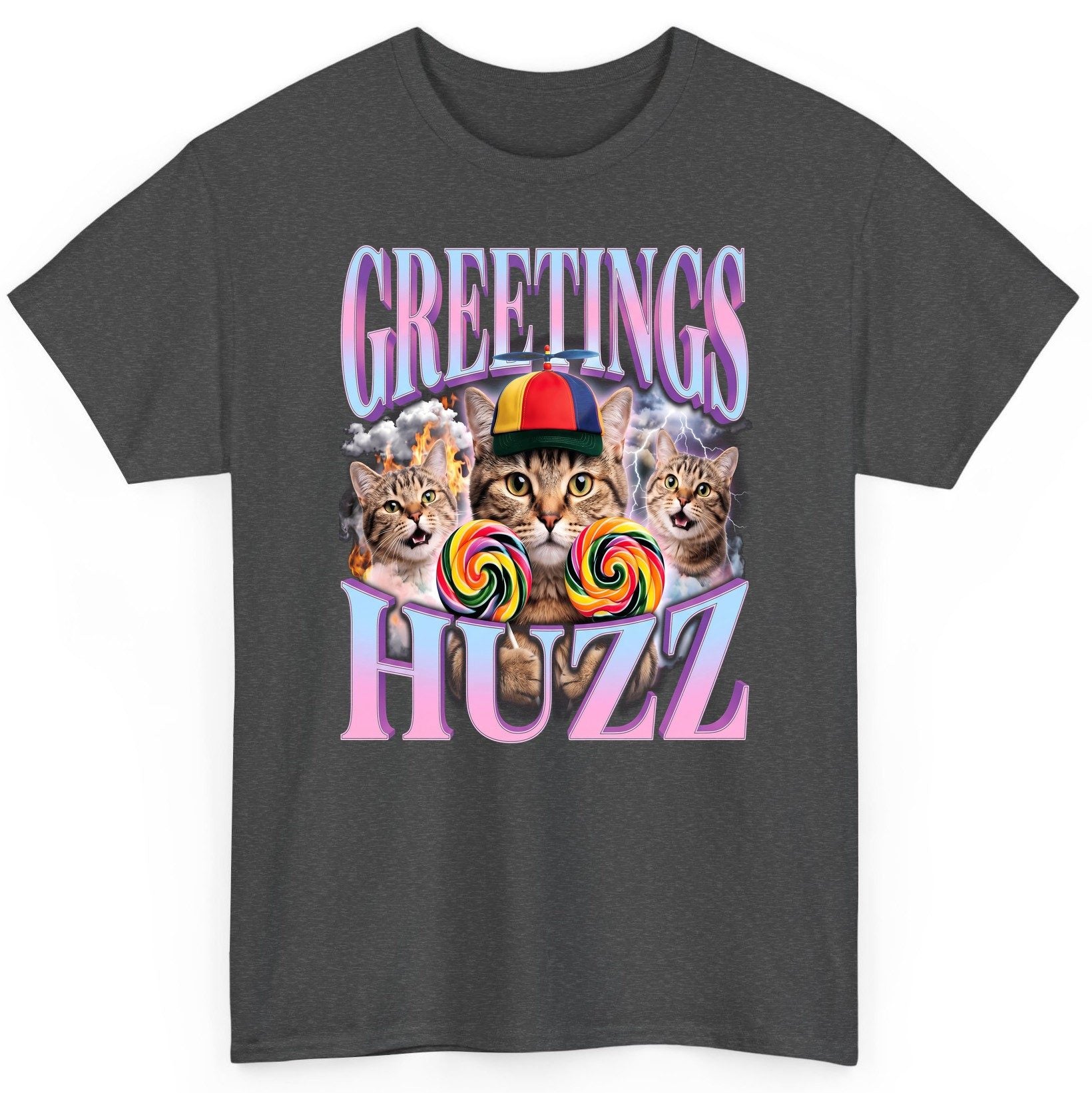 Greetings Huzz Funny Cats T-Shirt - product mockup - Dark Heather