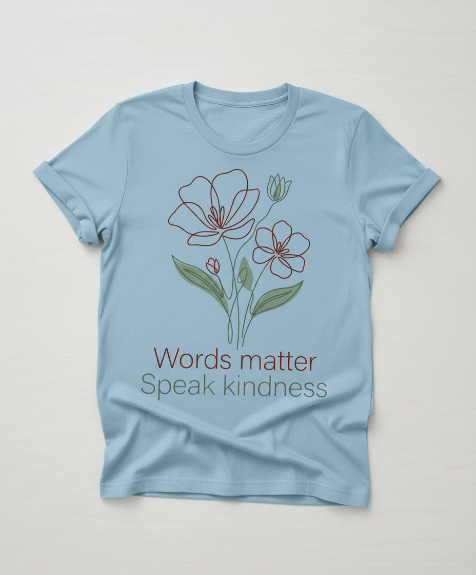 Words Matter Speak Kindness Floral Line Art T-Shirt - Light Blue