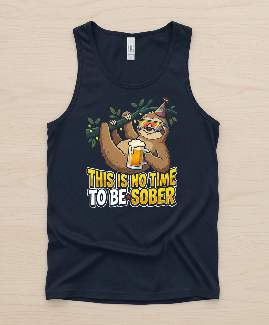 Funny Party Sloth Drinking Beer This Is No Time To Be Sober Tank Top - Navy