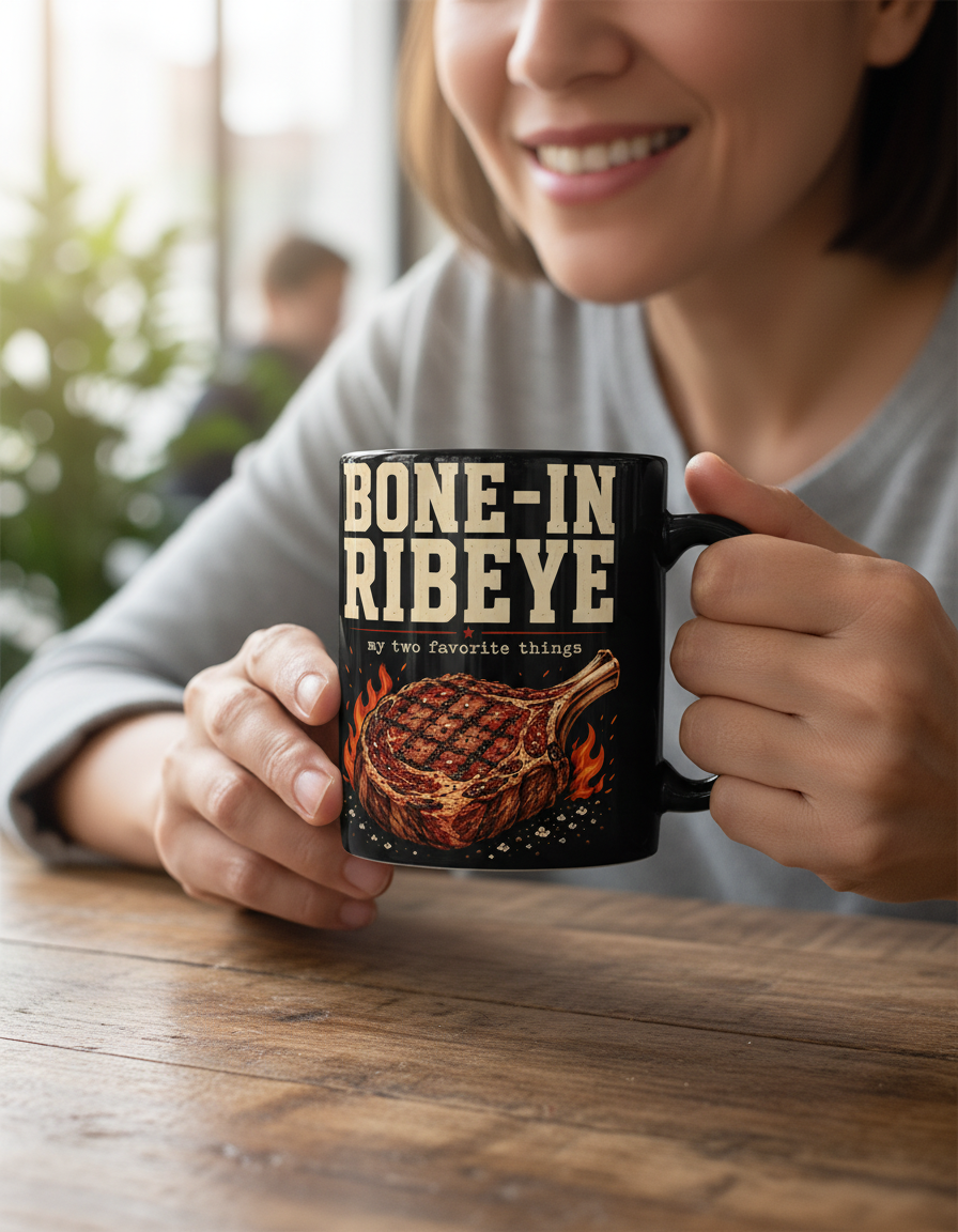 Bone-In Ribeye Steak Illustration Black Mug - Black
