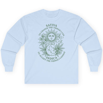 SATIVA TO CHANGE THE THINGS I CAN INDICA TO ACCEPT Long Sleeve Tee - product mockup - Light Blue