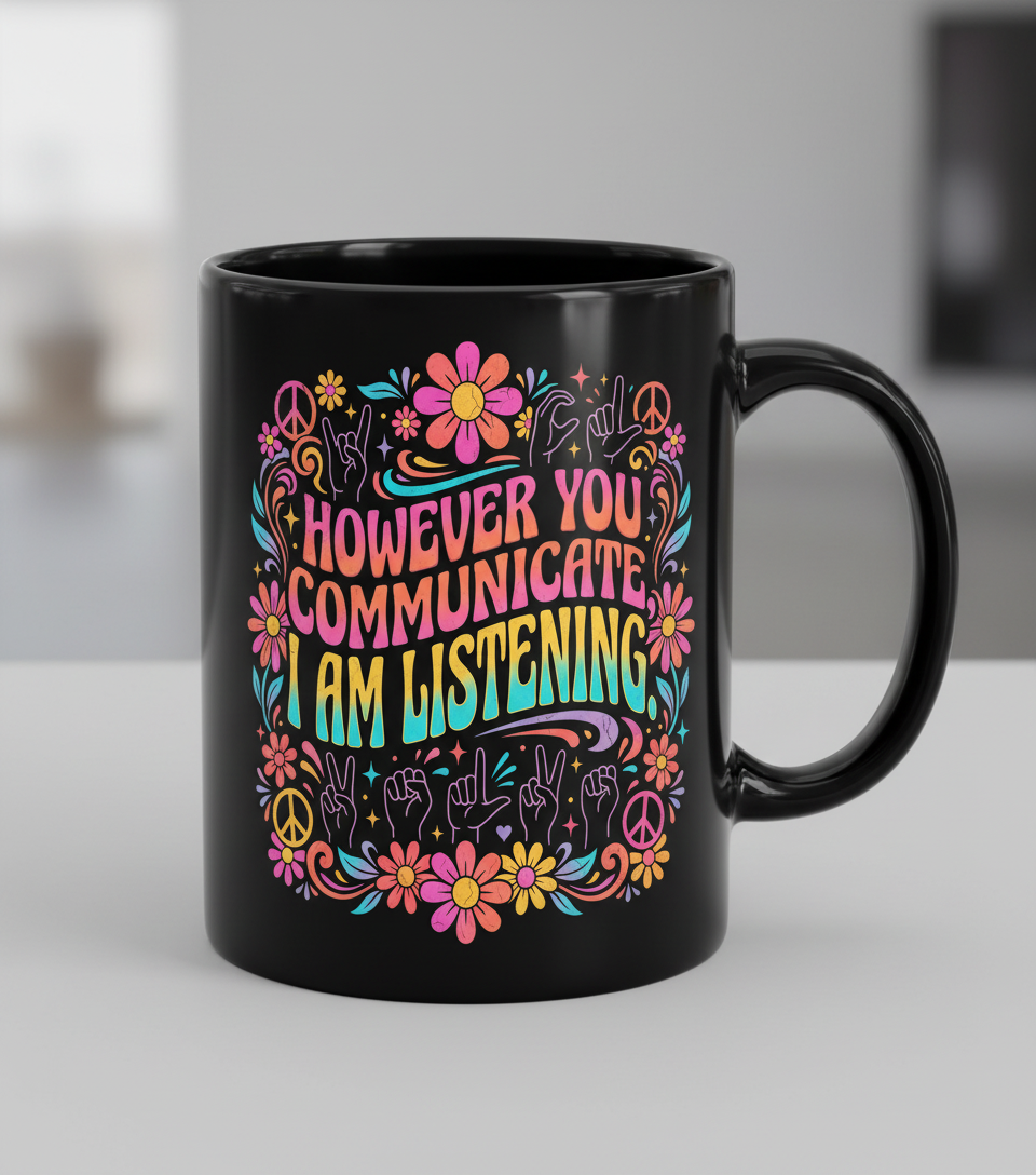However You Communicate I Am Listening Retro Hippie Design Black Mug - Black