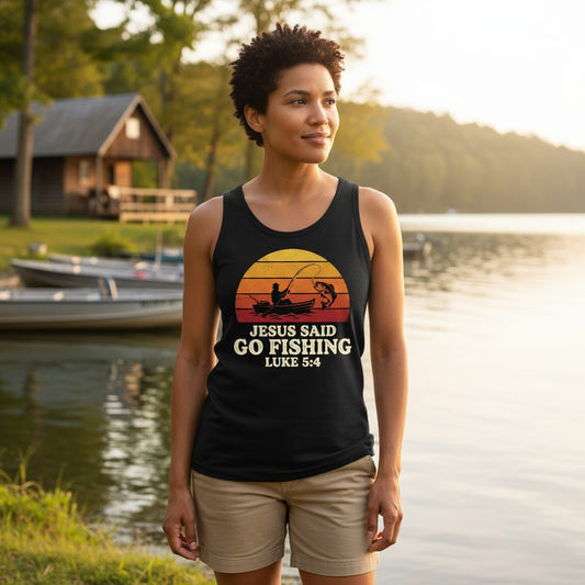 JESUS SAID GO Fishing LUKE 5 4 Retro Christian Tank Top - lifestyle model mockup - Black