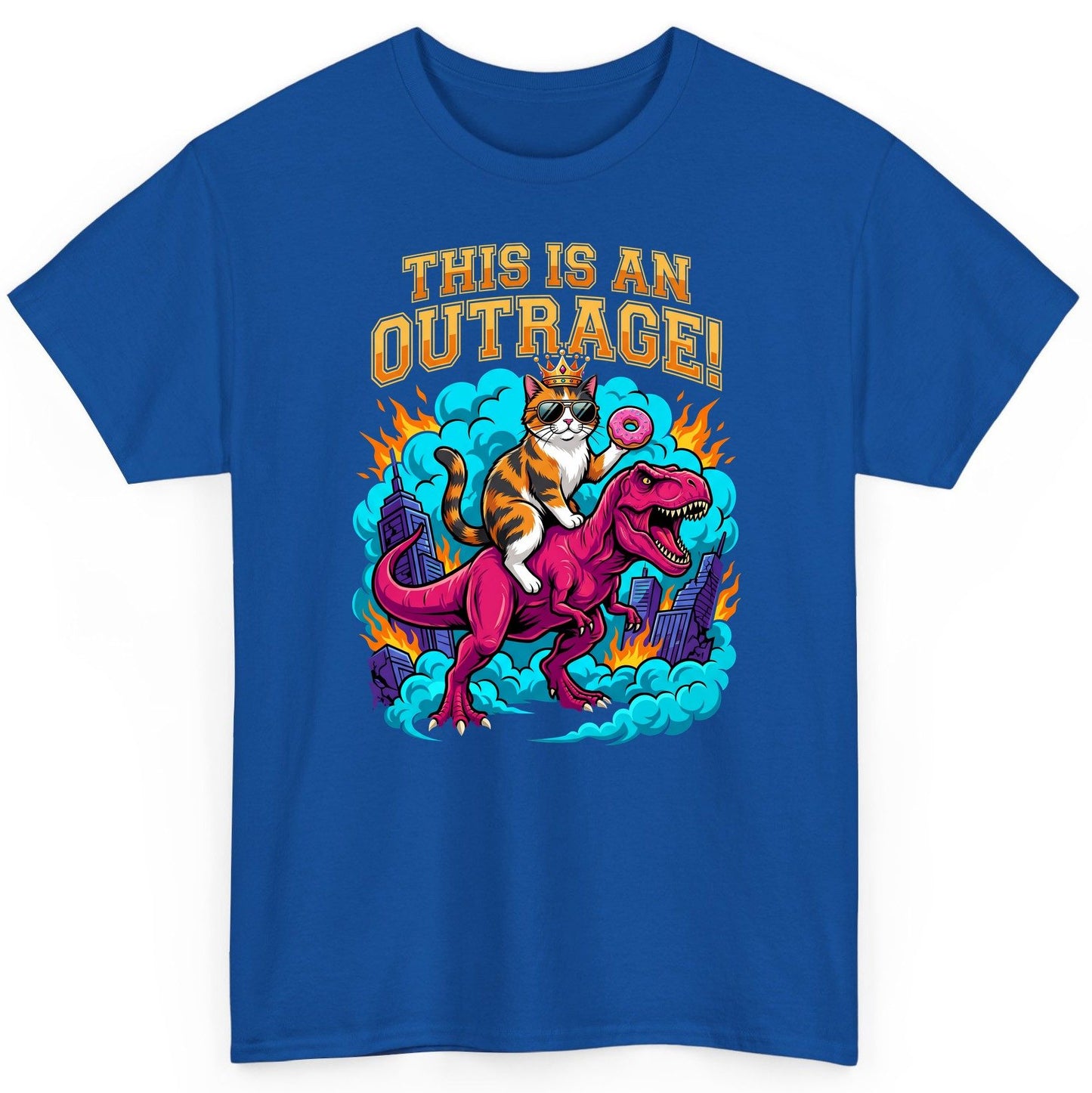 THIS IS AN OUTRAGE! Cat riding a T-Rex T-Shirt Royal product mockup