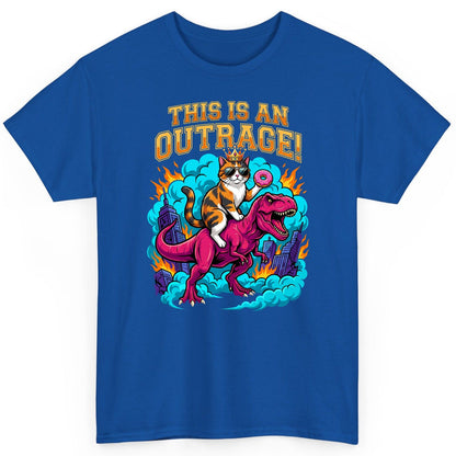 THIS IS AN OUTRAGE! Cat riding a T-Rex T-Shirt Royal product mockup