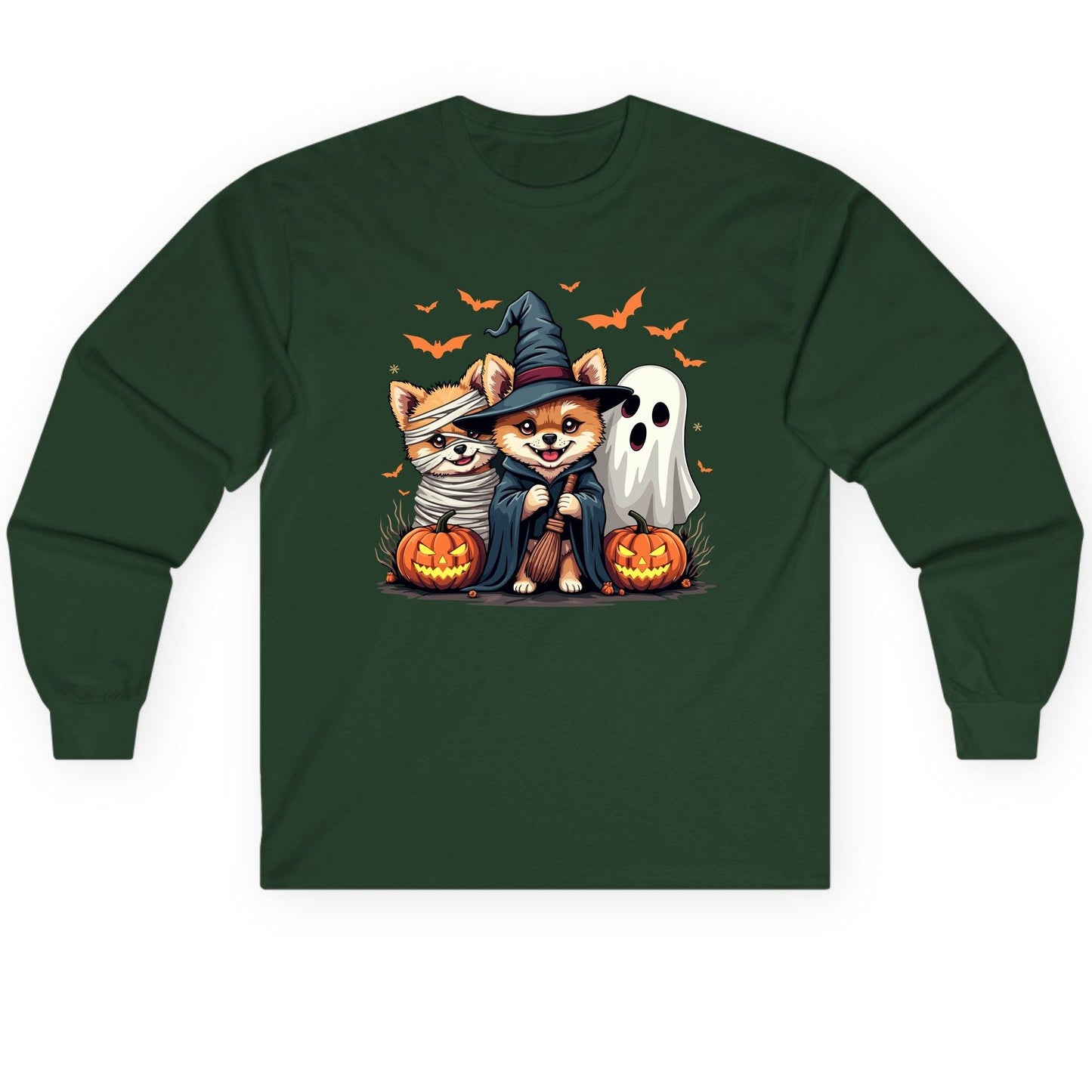 Cute Halloween Corgi Dogs Halloween corgis Long Sleeve Tee Forest Green product mockup