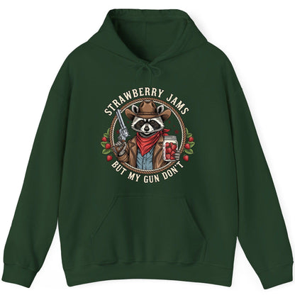 Strawberry Jams but My Gun Don't cowboy raccoon Hoodie Forest Green product mockup