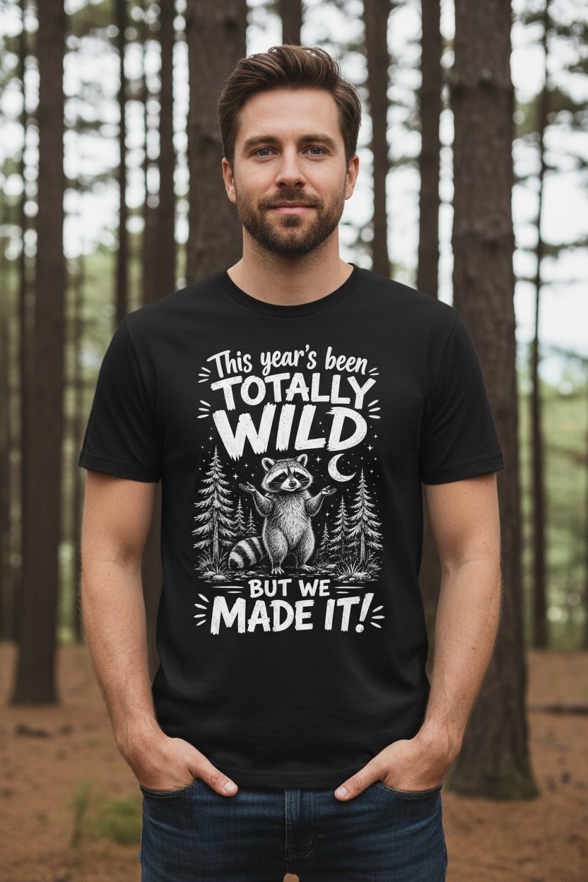 Totally Wild Year Raccoon Funny People a Sense of Humor T-Shirt - lifestyle model mockup - Black