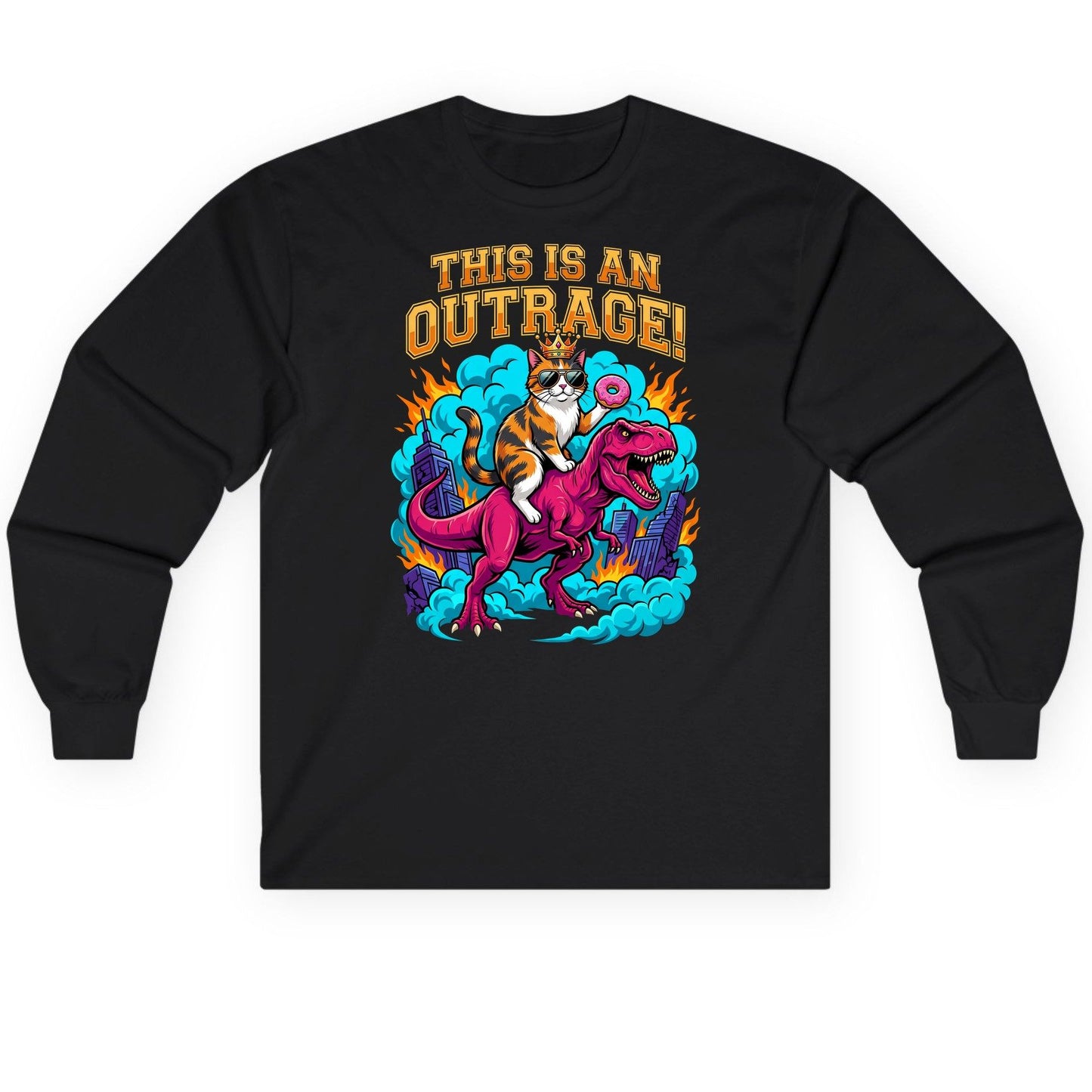 THIS IS AN OUTRAGE! Cat riding a T-Rex Long Sleeve Tee Black product mockup